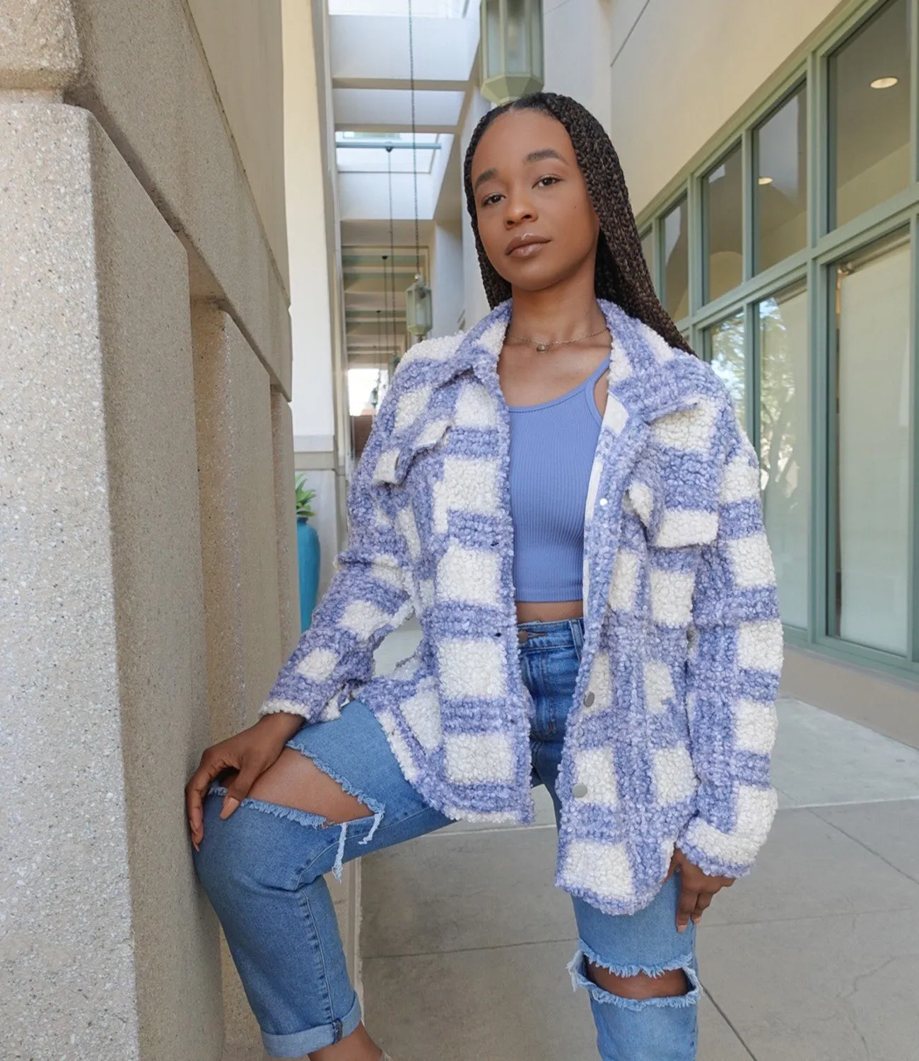 Reality Check Teddy Shacket(Blue/Cream)