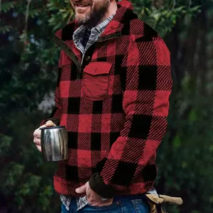 Red And Black Plaid Warm Pocket Men's Pullover Jacket