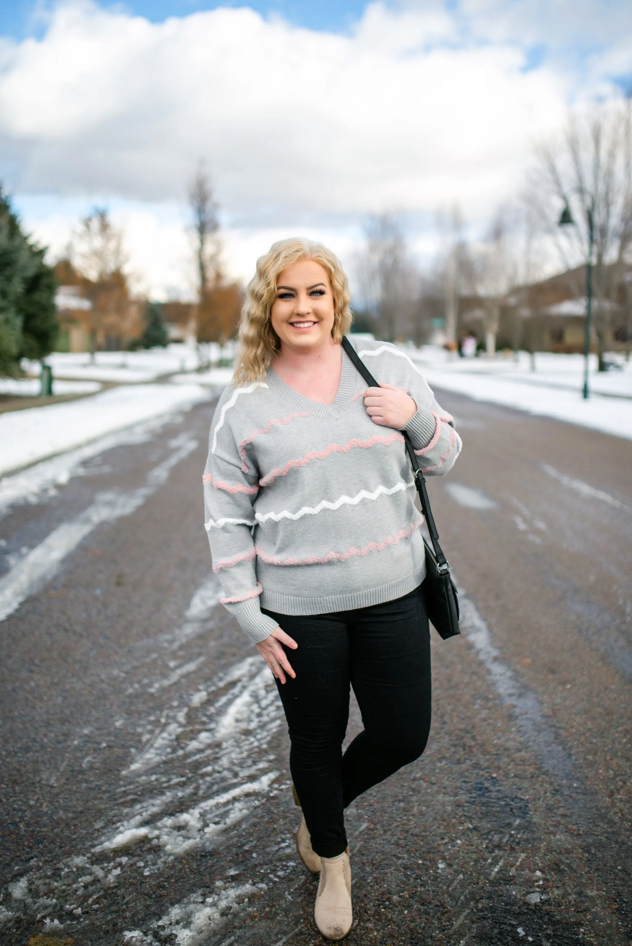 Return To Sender Sweater In Soft Gray & Pink