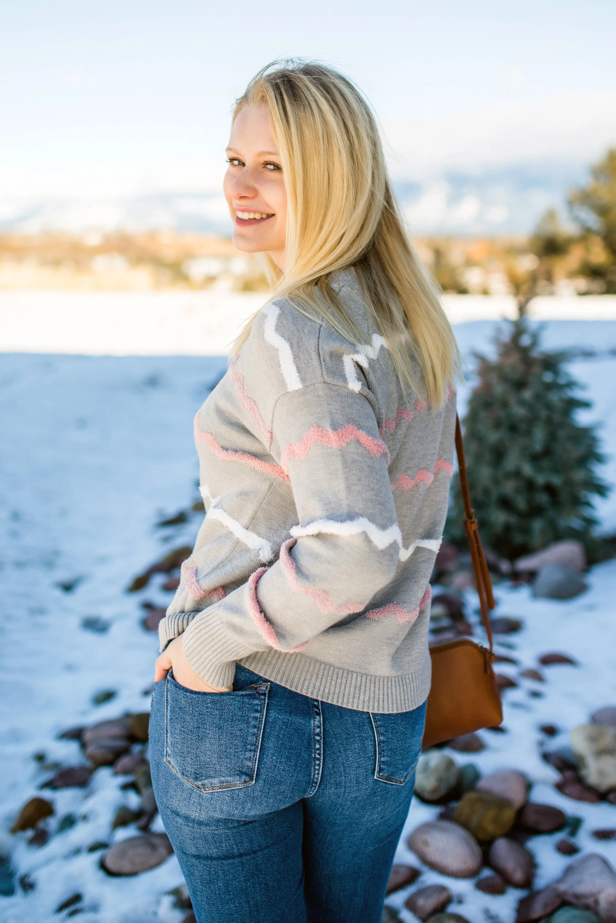 Return To Sender Sweater In Soft Gray & Pink