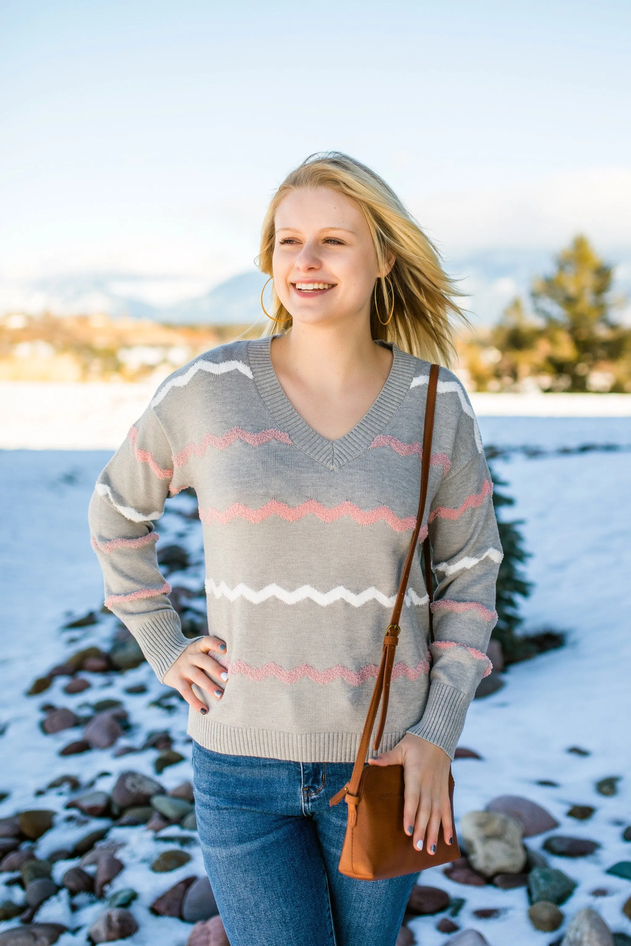 Return To Sender Sweater In Soft Gray & Pink