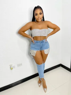 Rhinestone Denim Pants