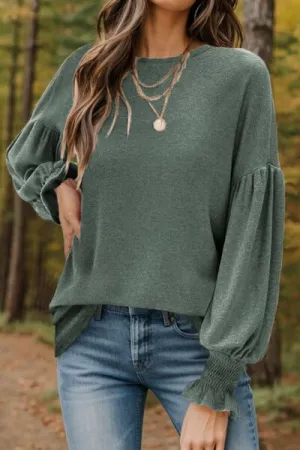 Round Neck Lantern Sleeve Top (5 Colors)