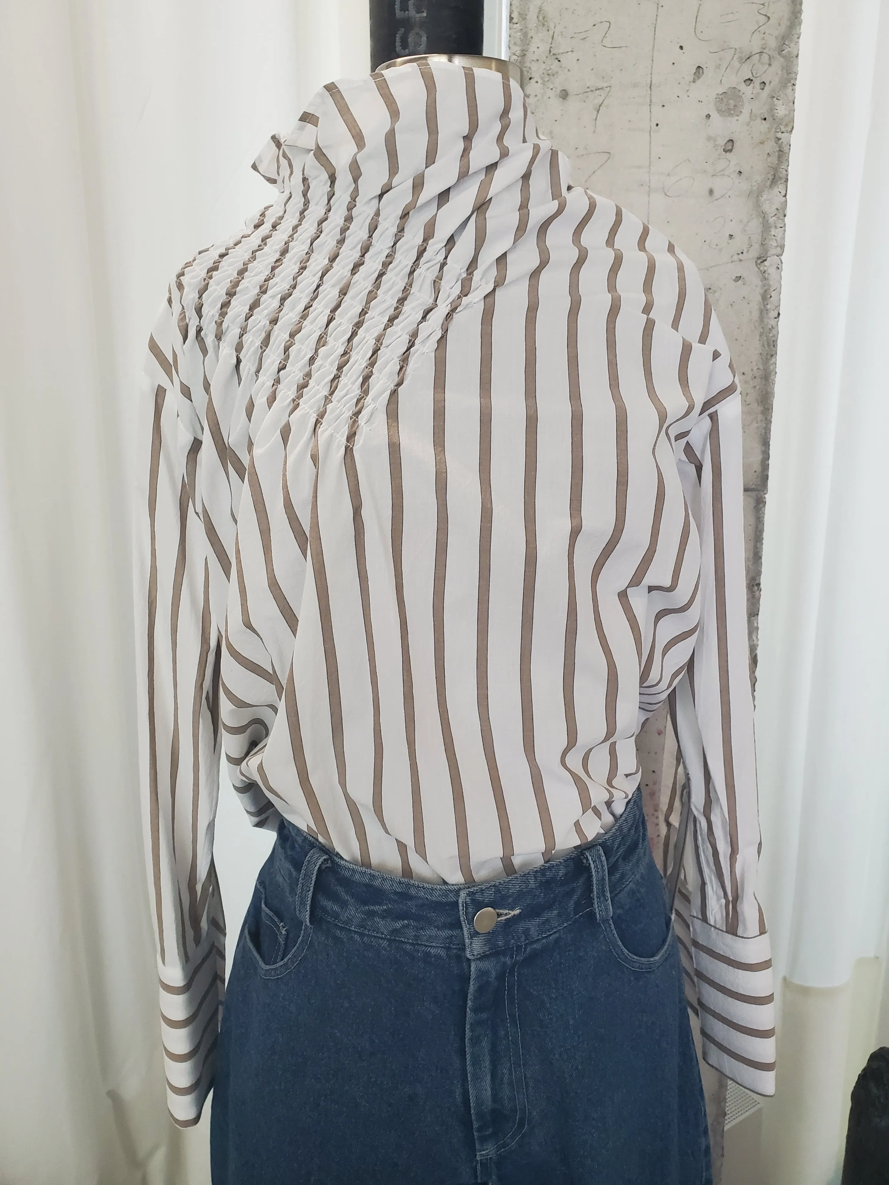 Smocked Long Sleeve Top - White / Tan Stripe