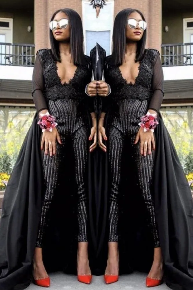 Special V-neck Long Sleevess Lace Prom dresses with Sequins Trousers Floor Length
