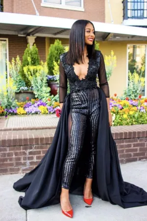Special V-neck Long Sleevess Lace Prom dresses with Sequins Trousers Floor Length