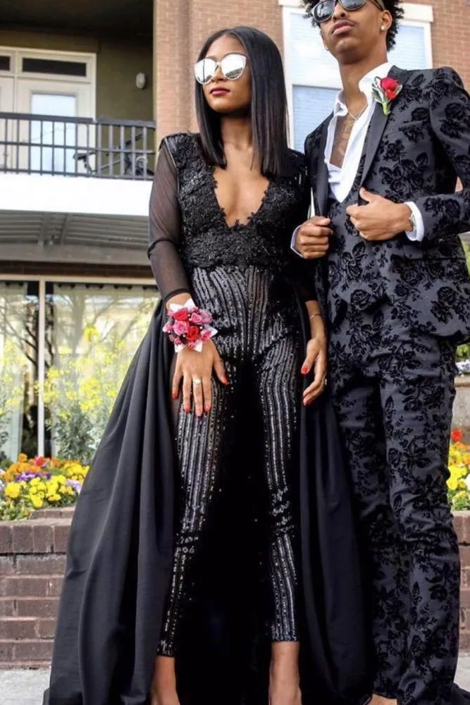 Special V-neck Long Sleevess Lace Prom dresses with Sequins Trousers Floor Length
