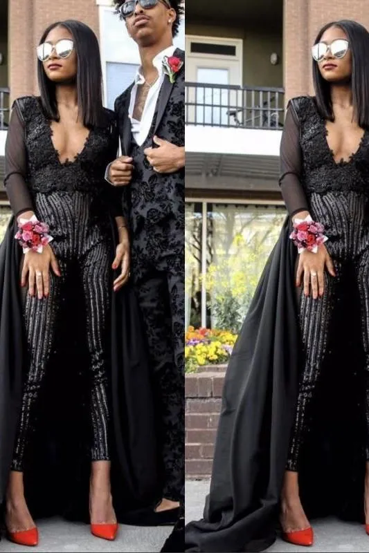 Special V-neck Long Sleevess Lace Prom dresses with Sequins Trousers Floor Length