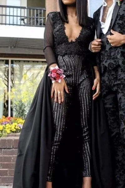 Special V-neck Long Sleevess Lace Prom dresses with Sequins Trousers Floor Length