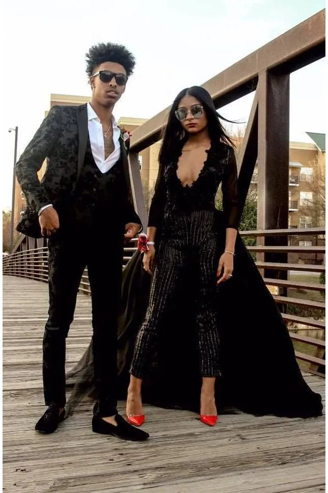 Special V-neck Long Sleevess Lace Prom dresses with Sequins Trousers Floor Length