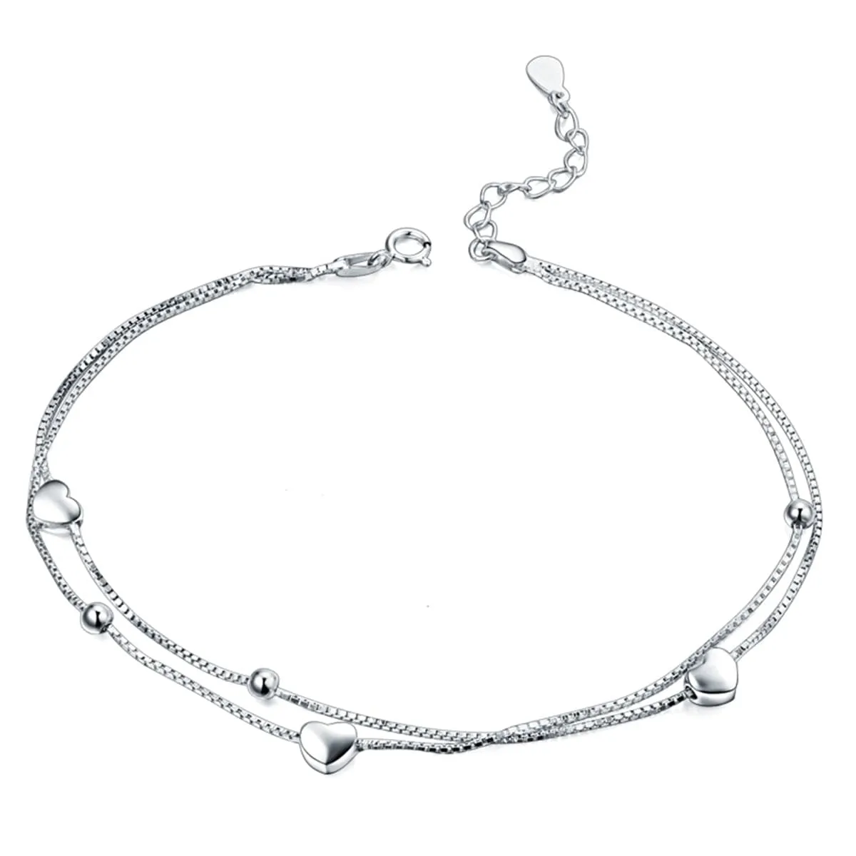Sterling Silver Layered Heart Charm Anklet