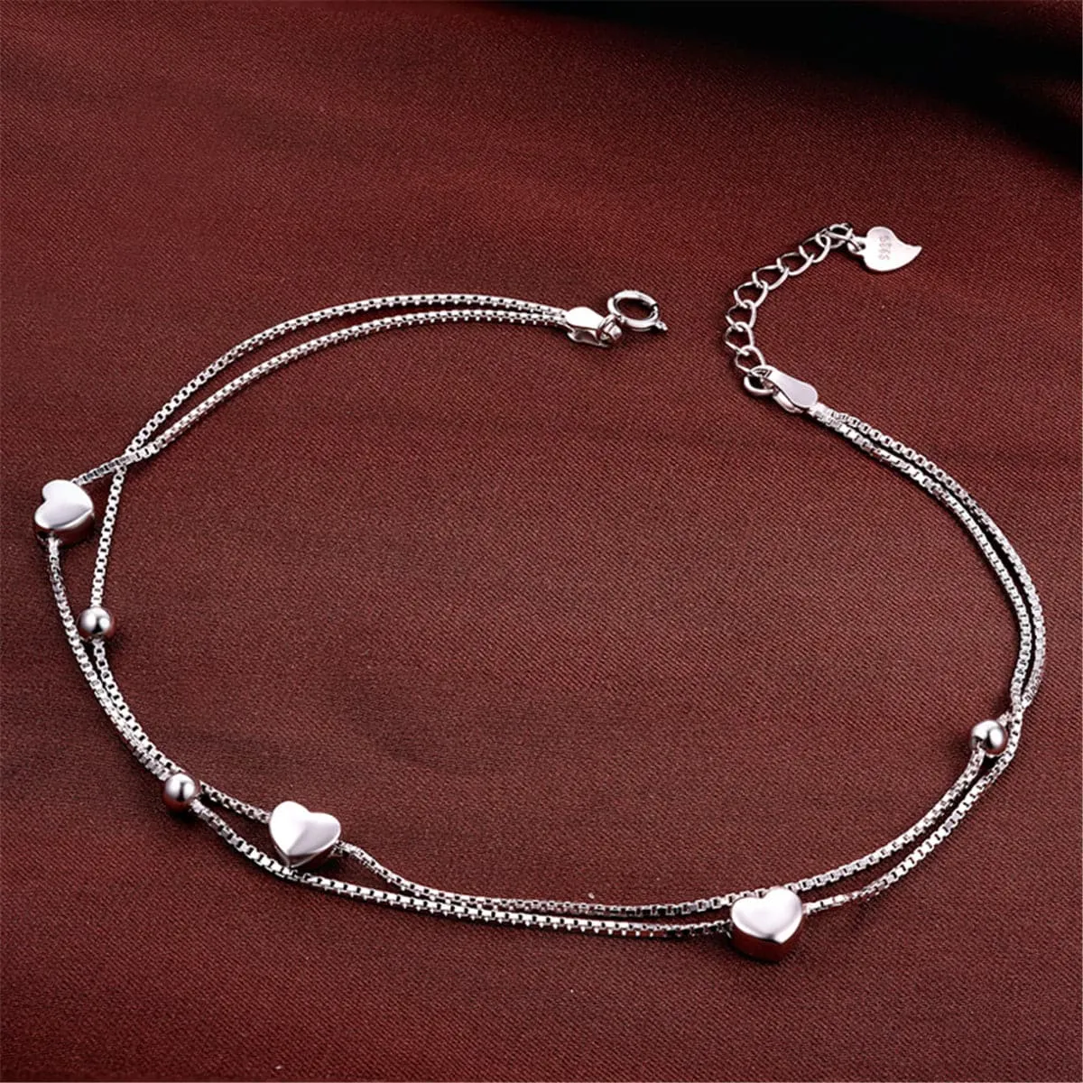 Sterling Silver Layered Heart Charm Anklet