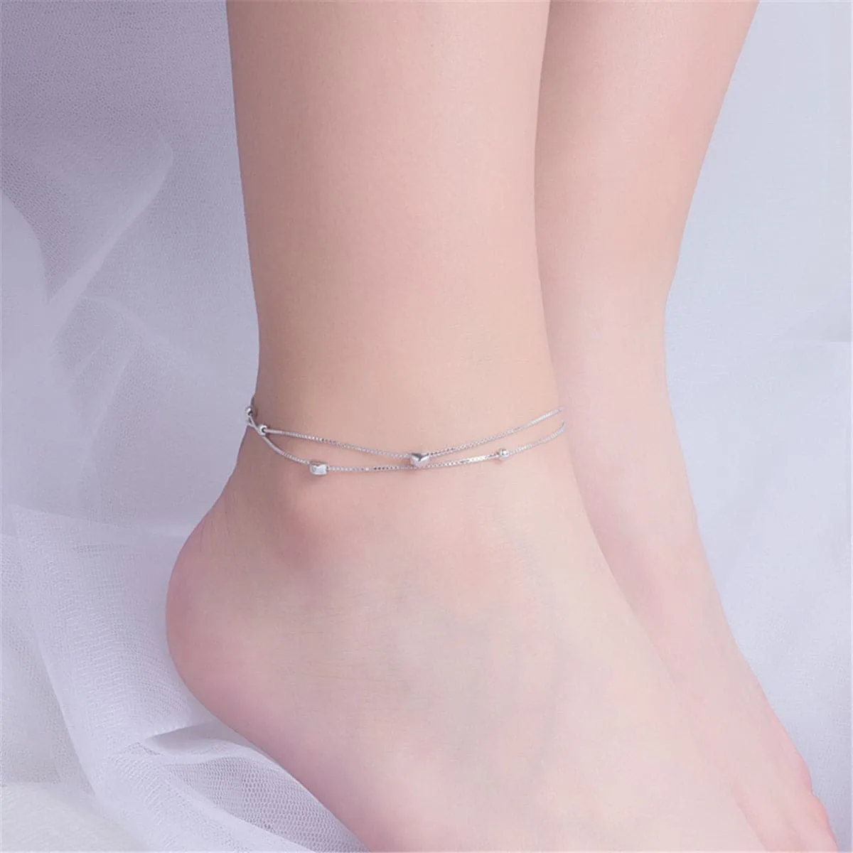 Sterling Silver Layered Heart Charm Anklet