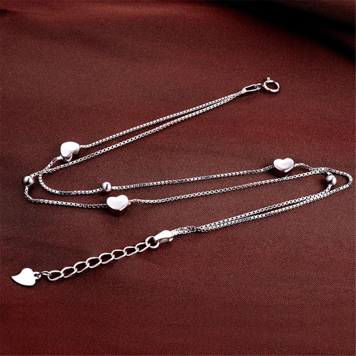 Sterling Silver Layered Heart Charm Anklet