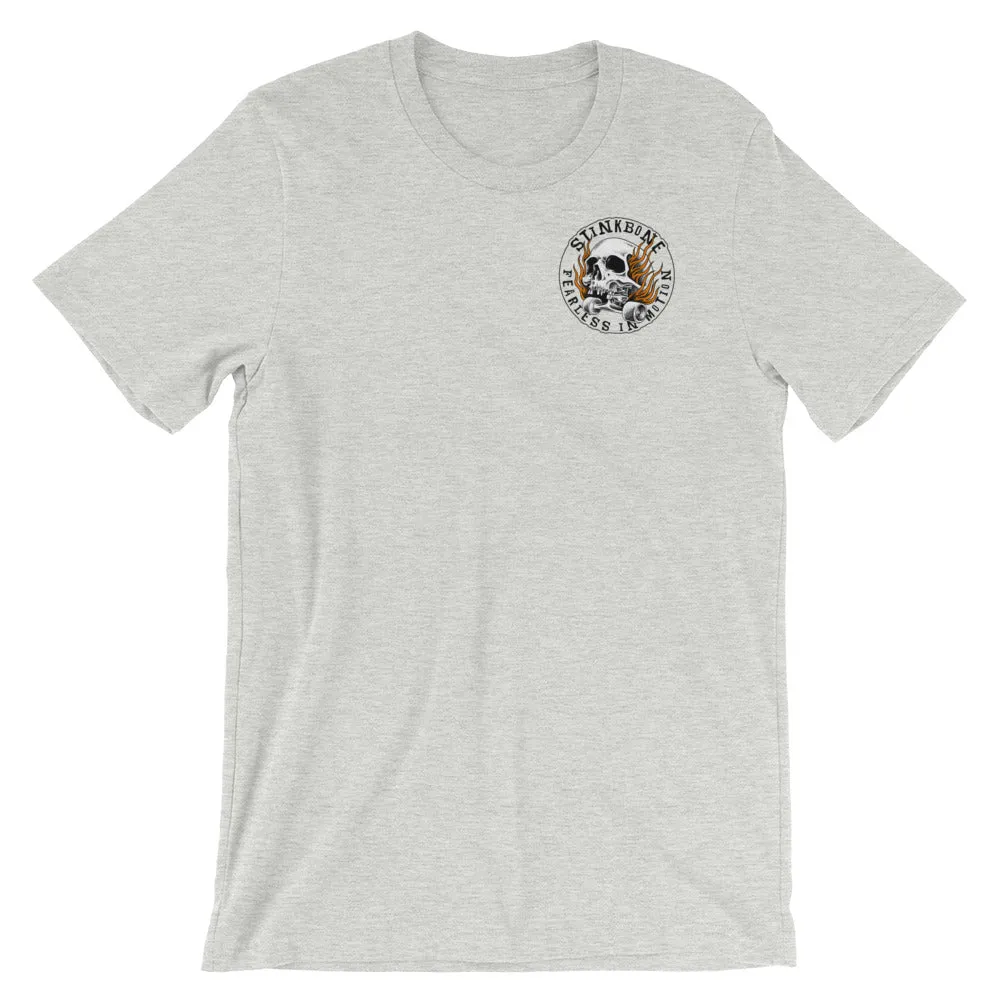 StinkBone Flaming Wheel Short-Sleeve Unisex T-Shirt Black Lettering