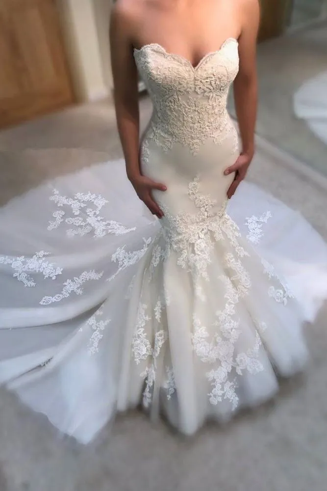 Sweetheart Mermaid Wedding Dress Online Modern Strapless Lace Bridal Gowns