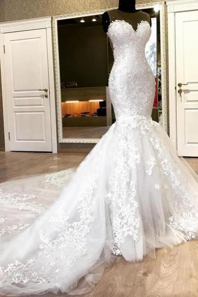 Sweetheart White Illusion neck Mermaid Beaded Lace Wedding Dress