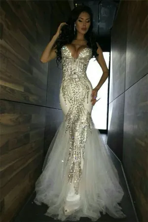 Sweetheart White Mermaid Prom Dresses Crystal Mermaid Evening Dresses