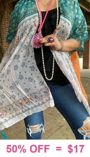 Teal, Orange paisley sheer kimono shawl