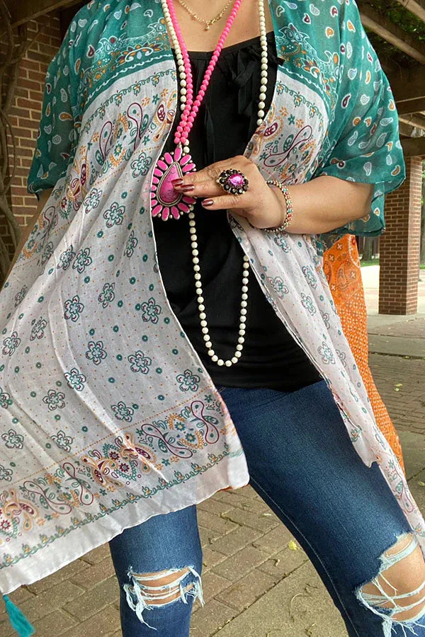 Teal, Orange paisley sheer kimono shawl