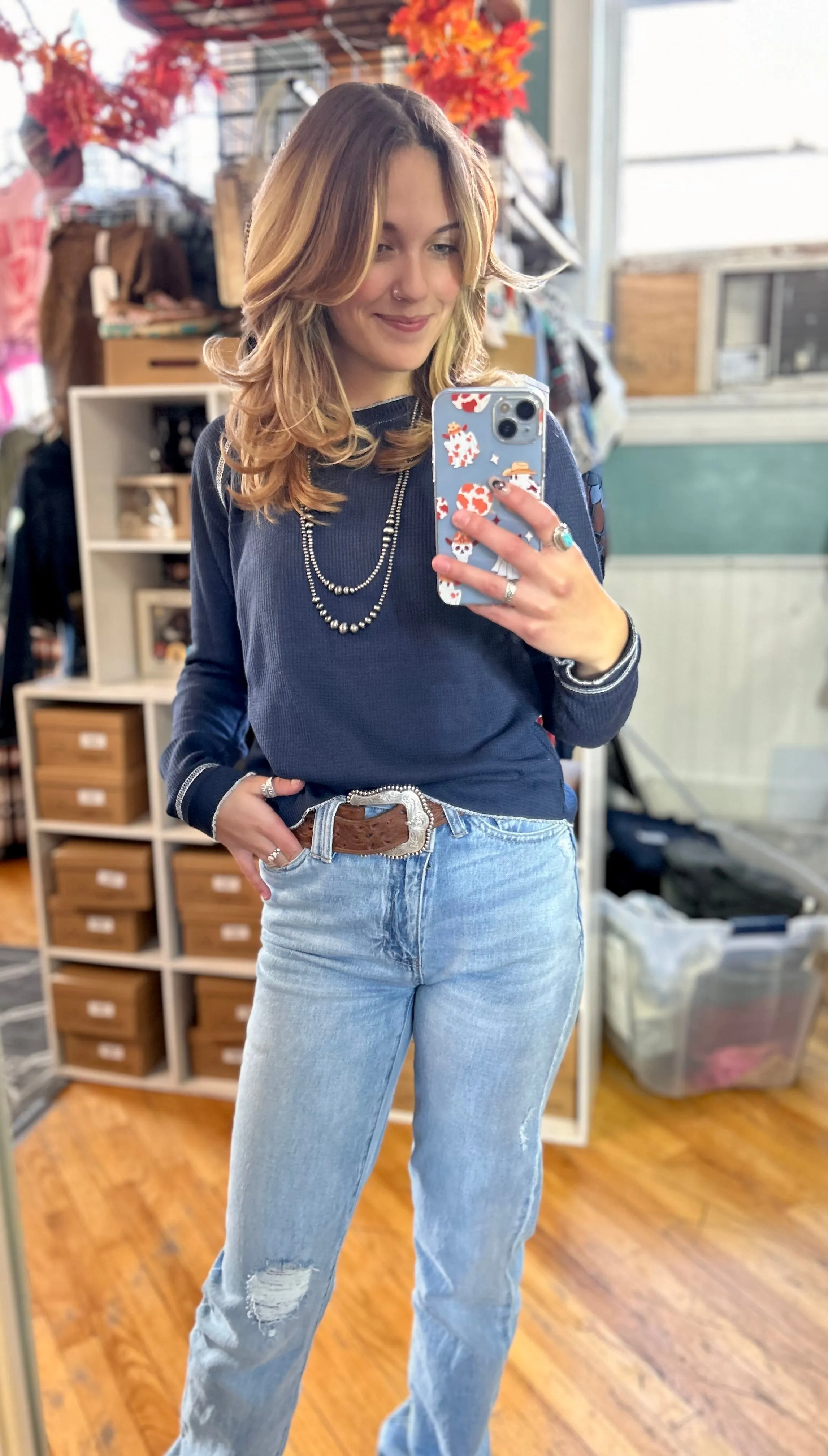 Textured Round Neck Long Sleeve Top