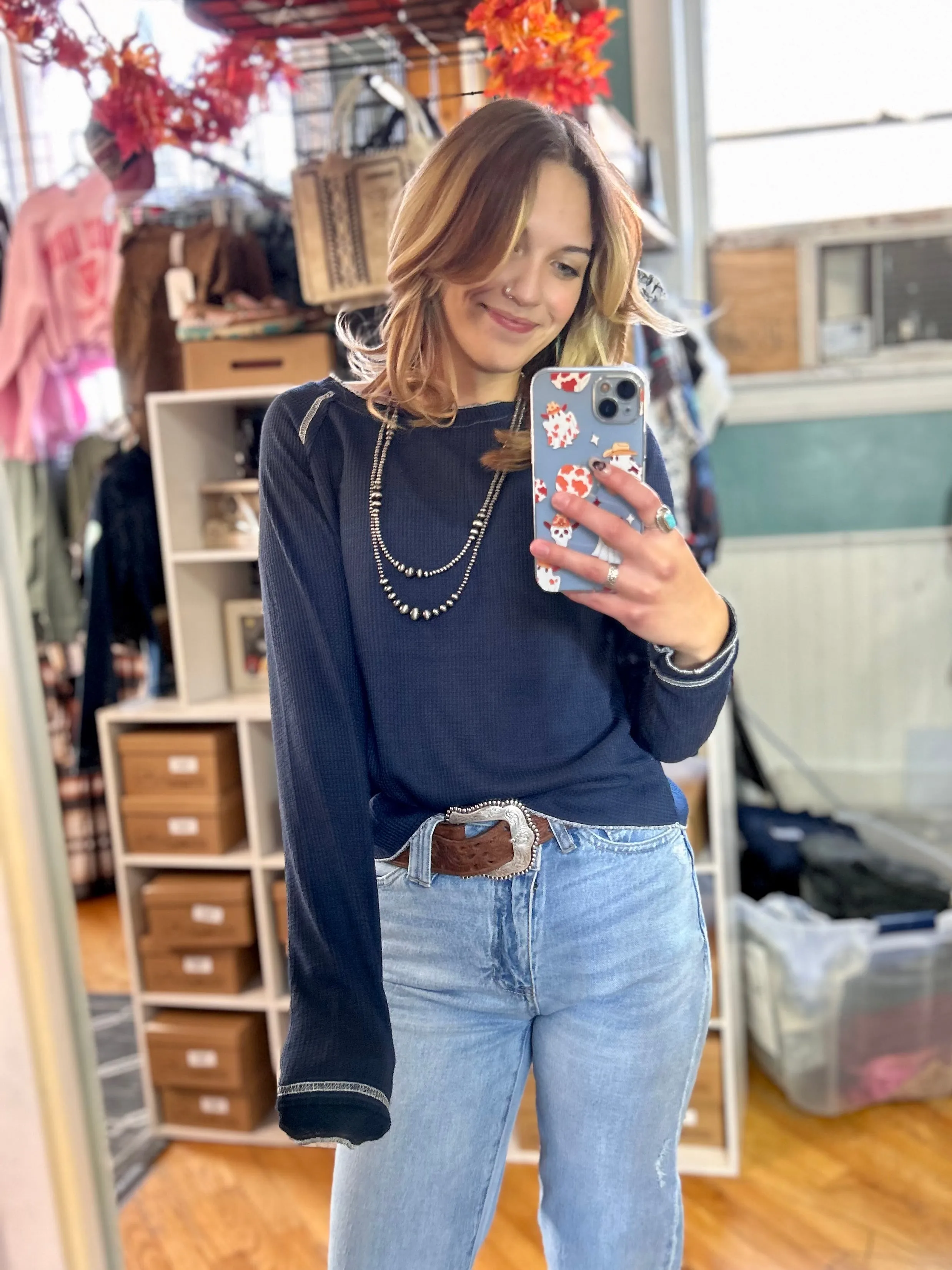 Textured Round Neck Long Sleeve Top