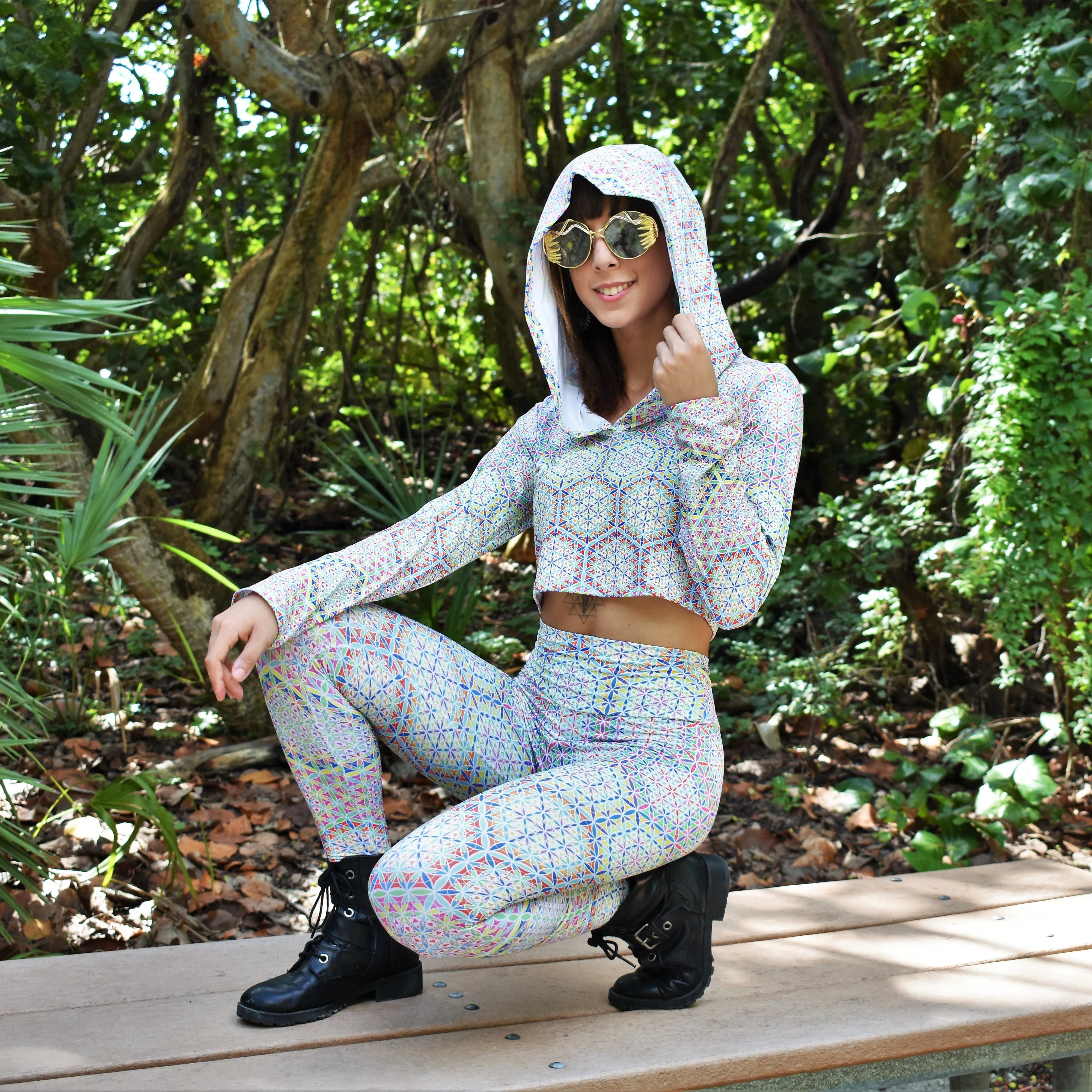 White Double Vision Crop Hoodie