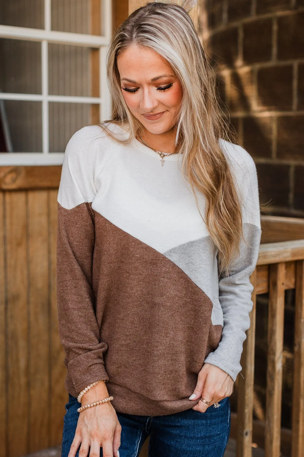 Wish For More Color Block Top- Ivory & Brown