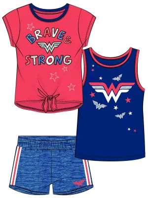 Wonder Woman Girls Tee and Short Outfit 3PC Clothing Sets, 4-6X, Blue