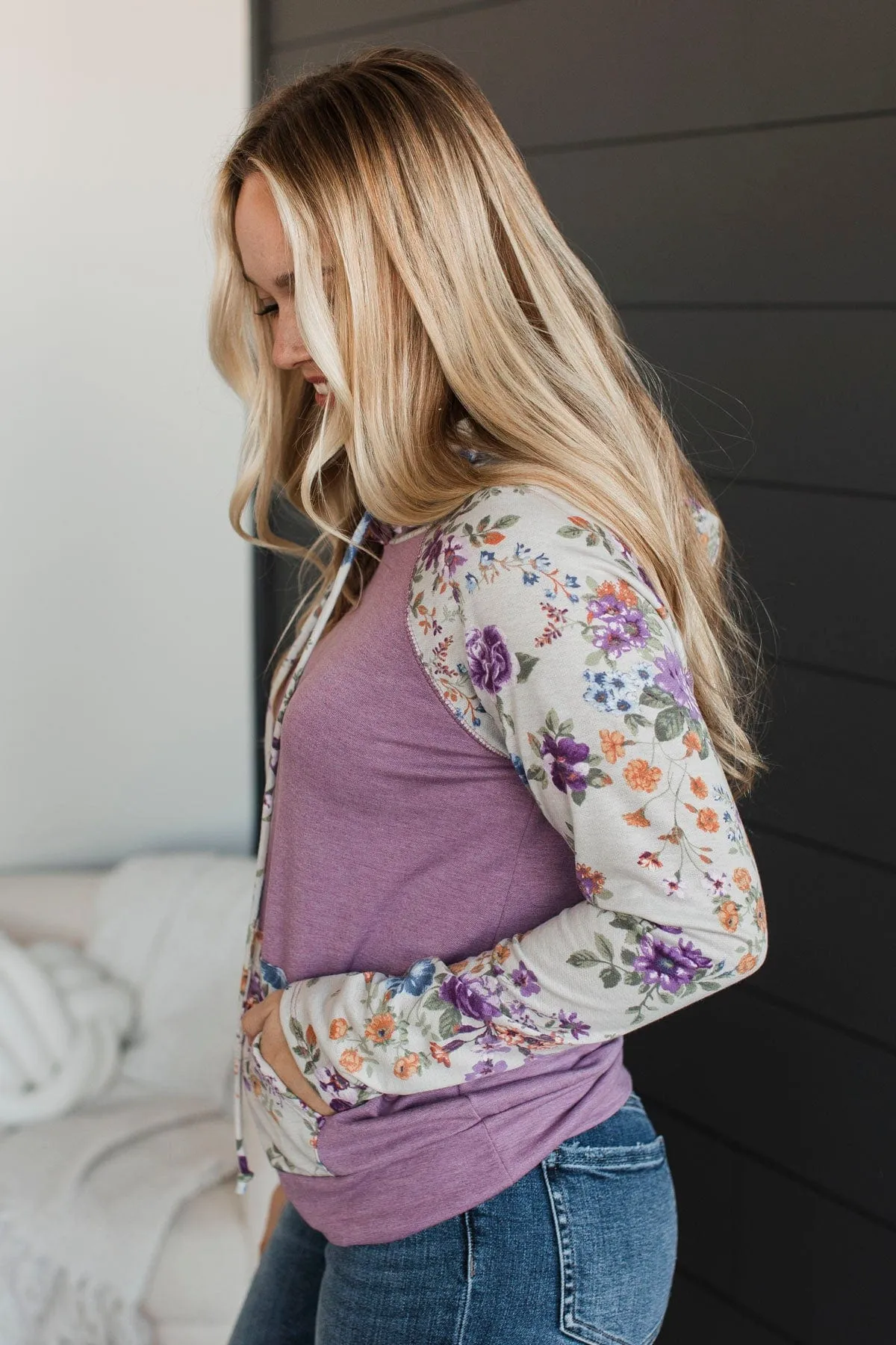 Worth Working For Hooded Raglan Top- Lavender